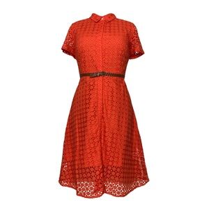 Size 16 XL Orange Eyelet A-Line Flare Midi Shirt Dress Hidden Buttons & Pockets